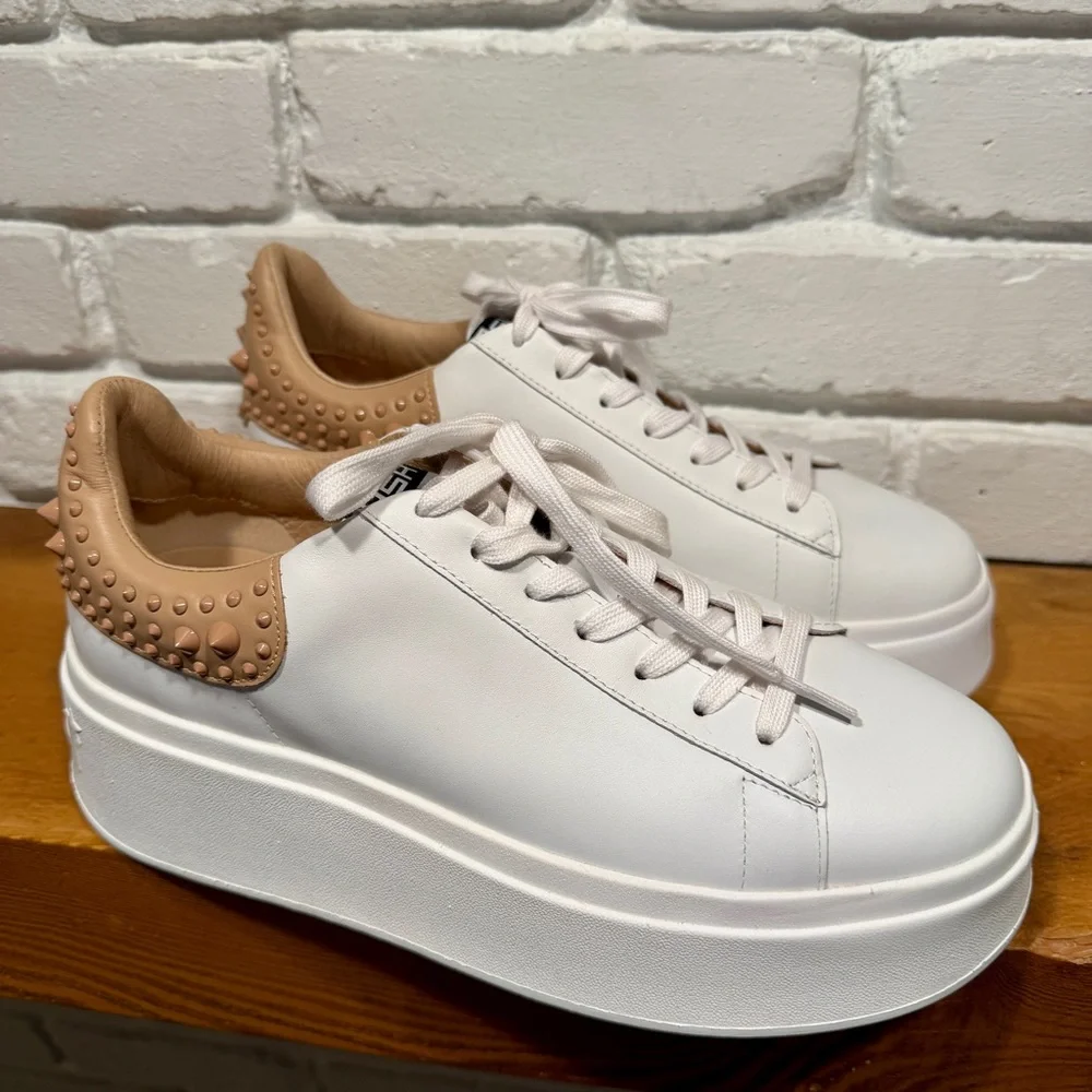 ASH Platform Sneakers White Leather NUDE Studded Heel Size 40 Luxury Chunky NIB - Picture 2 of 15
